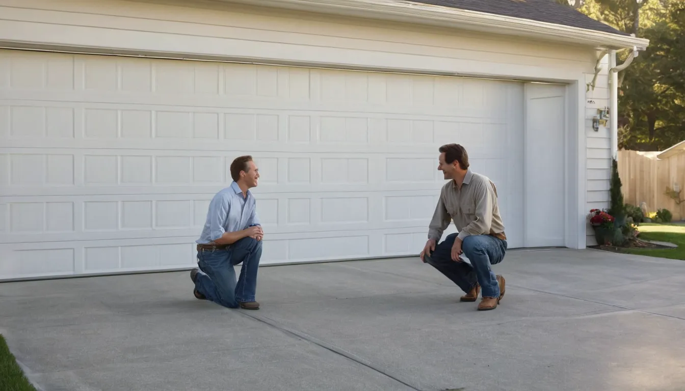 A homeowner and a garage door provider inspecting a residential garage door in Painesville